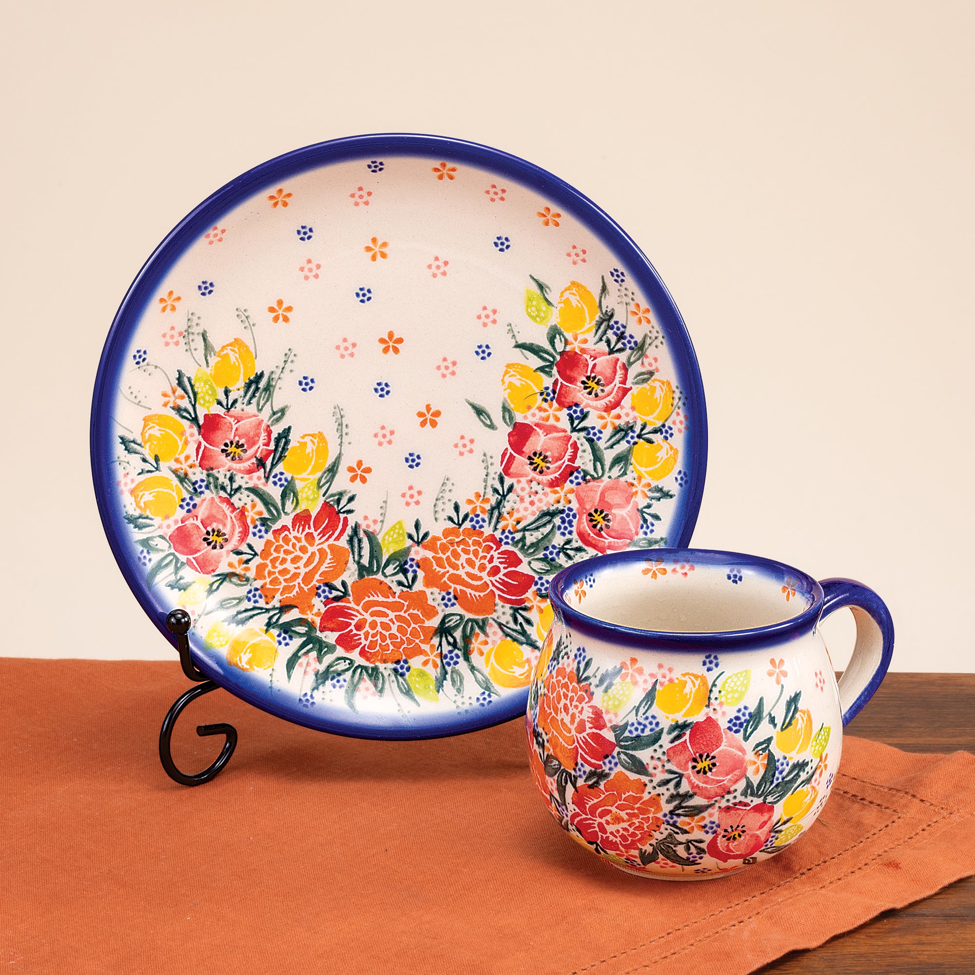 Polish Pottery Beauty In Bloom Mug & Plate Set