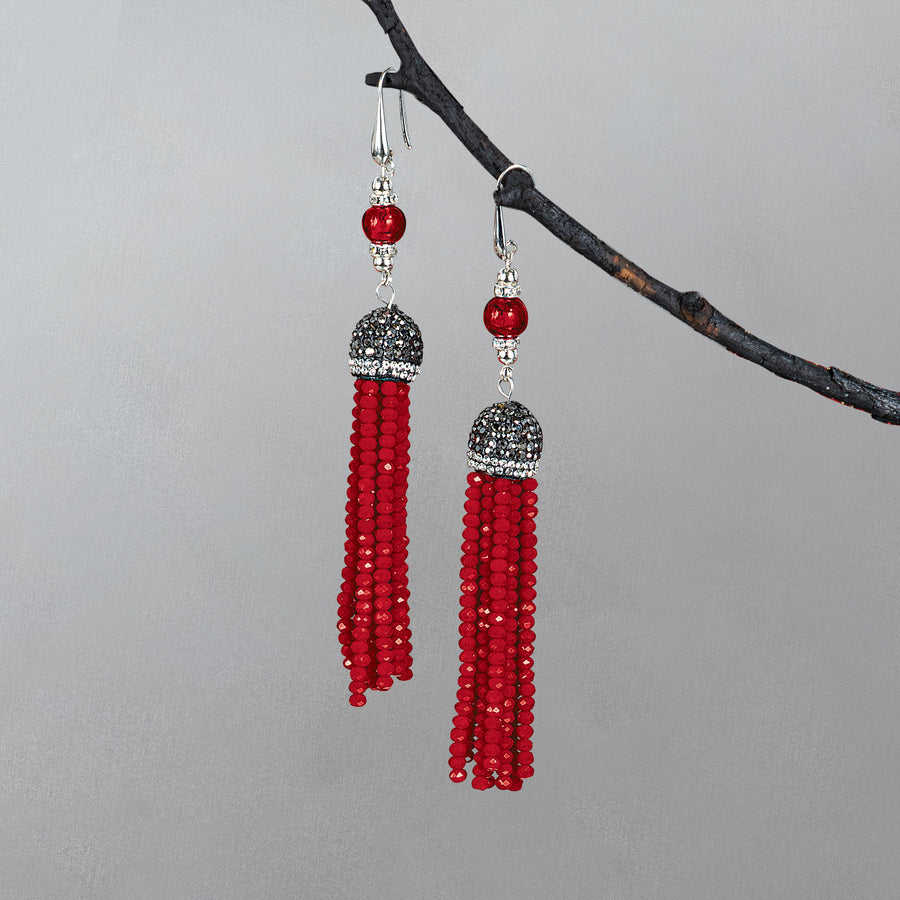 Reigning Red Murano Glass Tassel Earrings