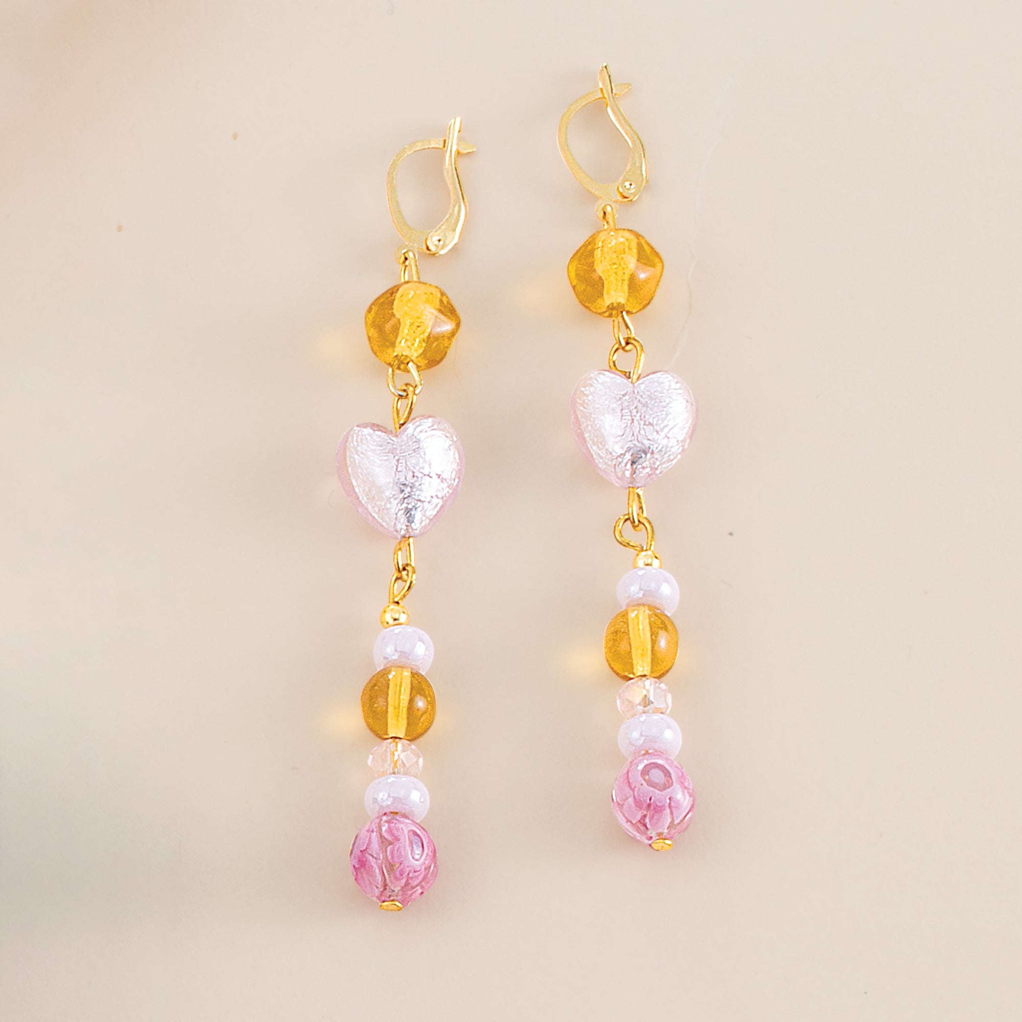 Murano Glass Pink & Yellow Pearlized Earrings