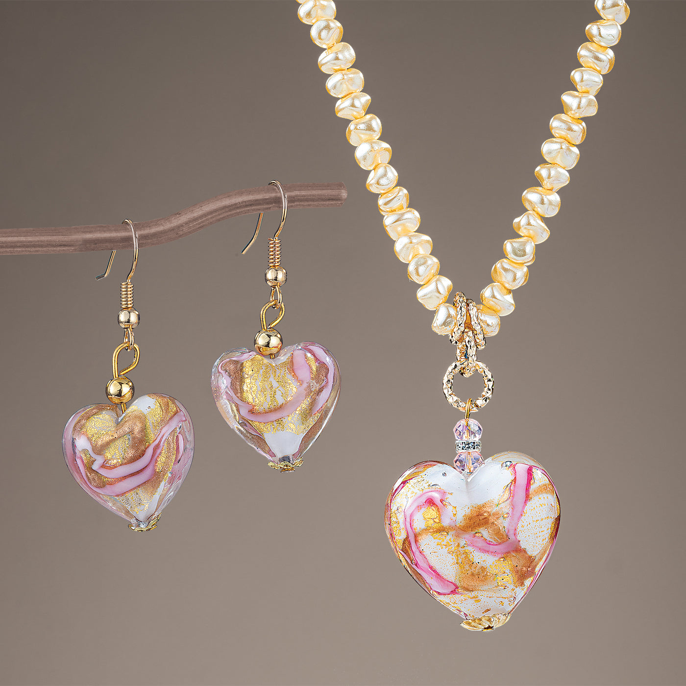 Golden Love Murano Glass Heart Necklace & Earrings Set