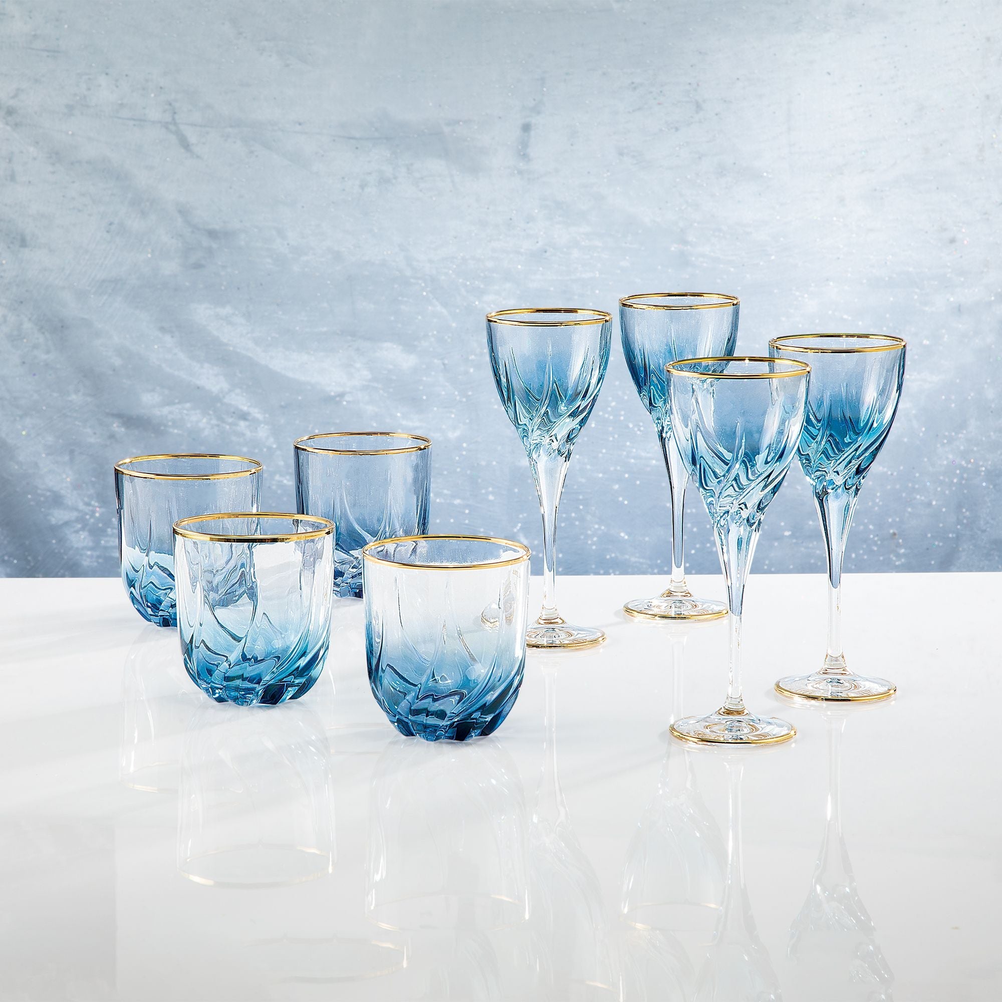 Crystal wine goblets, blue factory and yellow