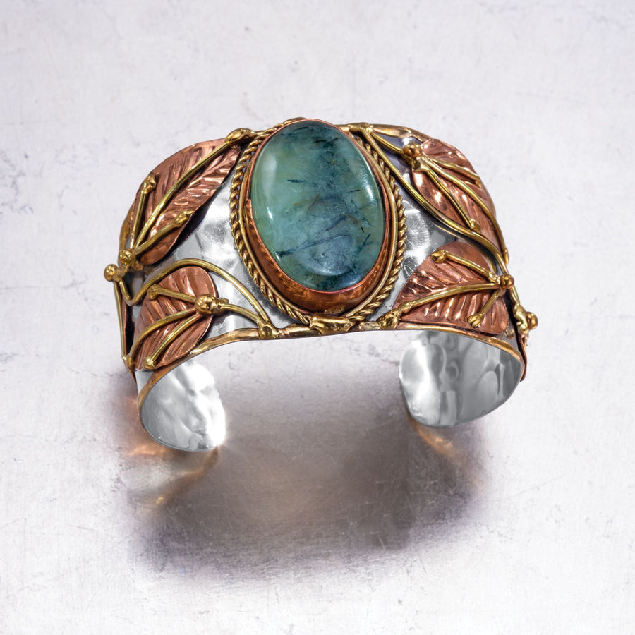 ''Tranquil Nature'' Mixed Metal & Moss Agate Adjustable Cuff