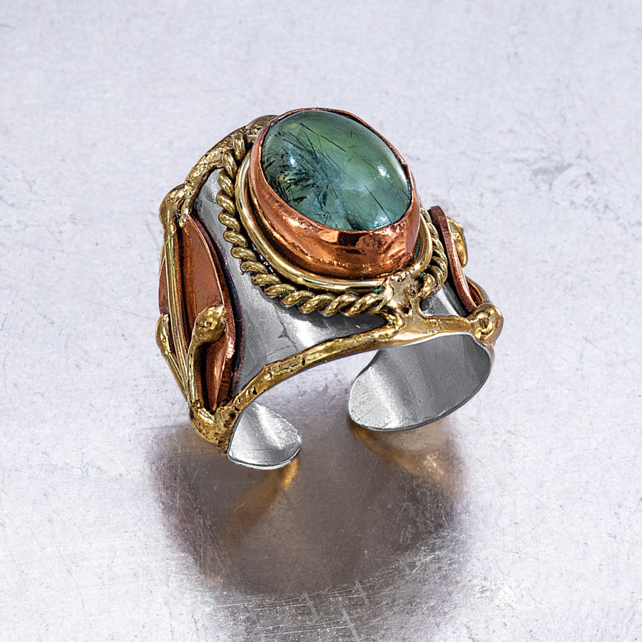 ''Tranquil Nature'' Mixed Metal & Moss Agate Adjustable Ring