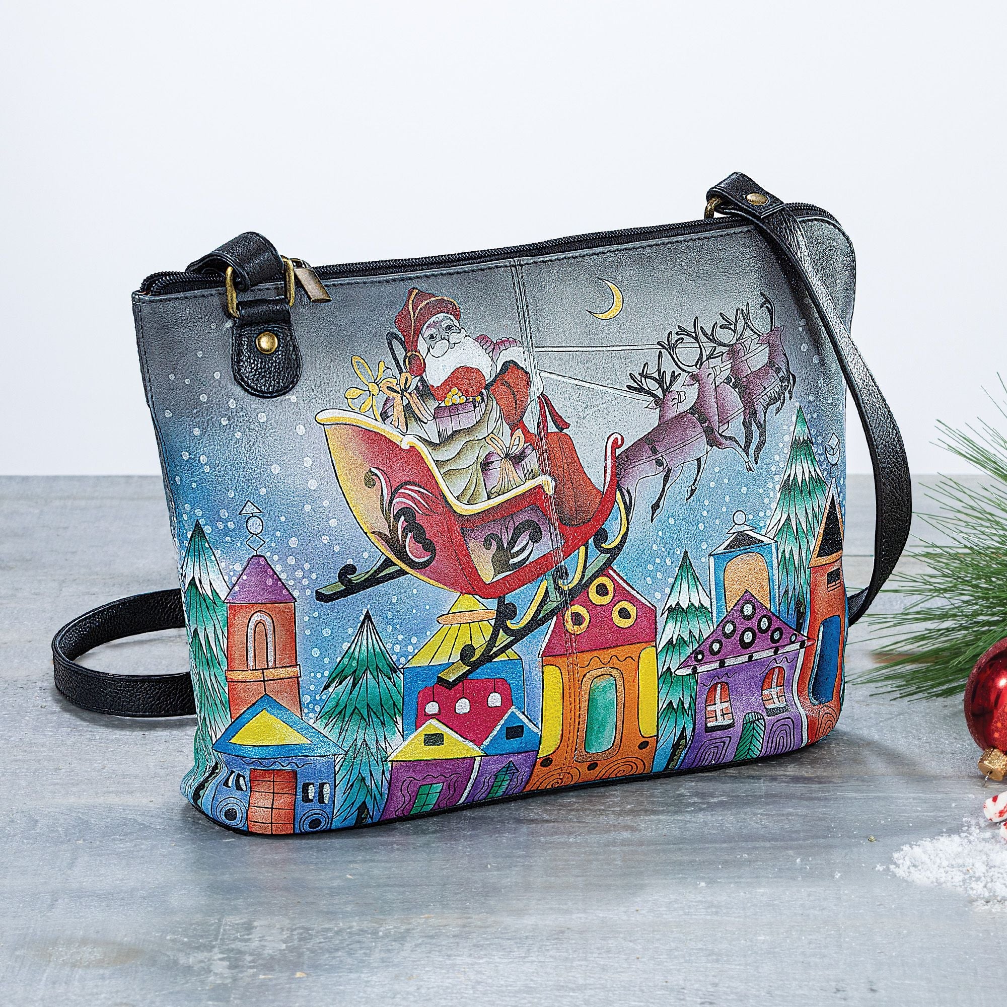 Santa's Sleigh Hand-Painted Leather Crossbody