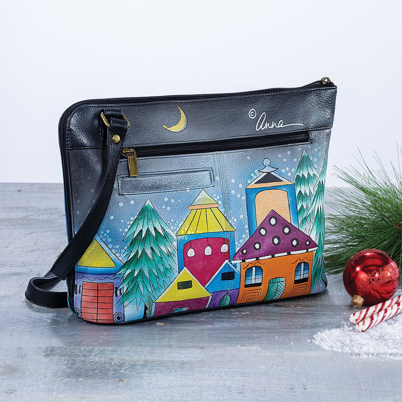 Santa's Sleigh Hand-Painted Leather Crossbody