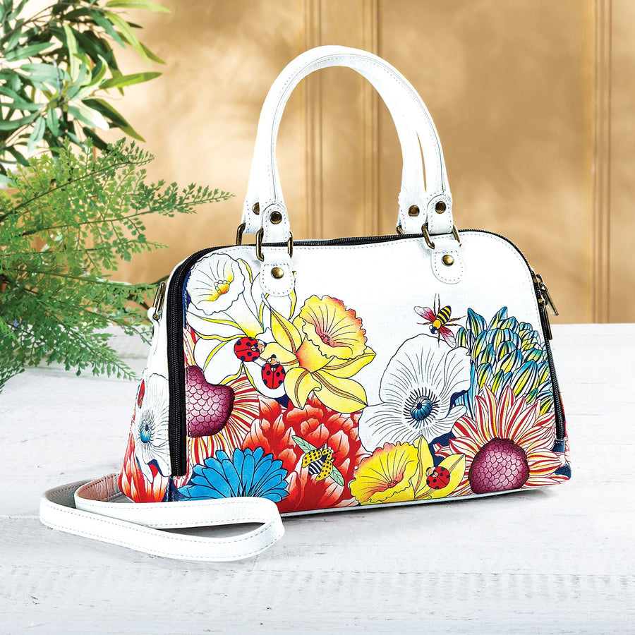Hand-Painted Rainbow Blossoms White Satchel