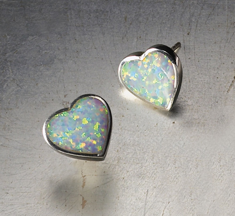 White Opal Heart Pierced Earrings