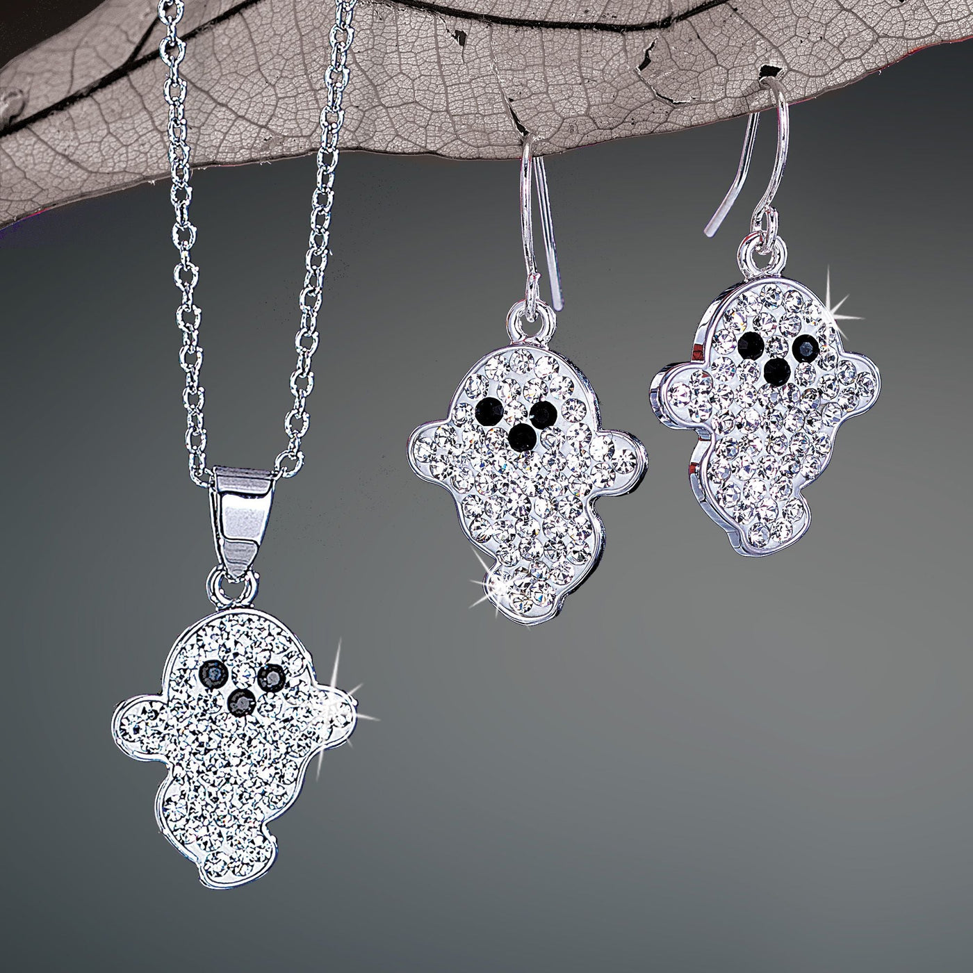 Sparkling Crystal Ghost Necklace & Earrings Set