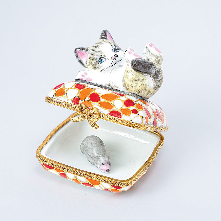 Limoges Porcelain Playful Kitten Trinket Box