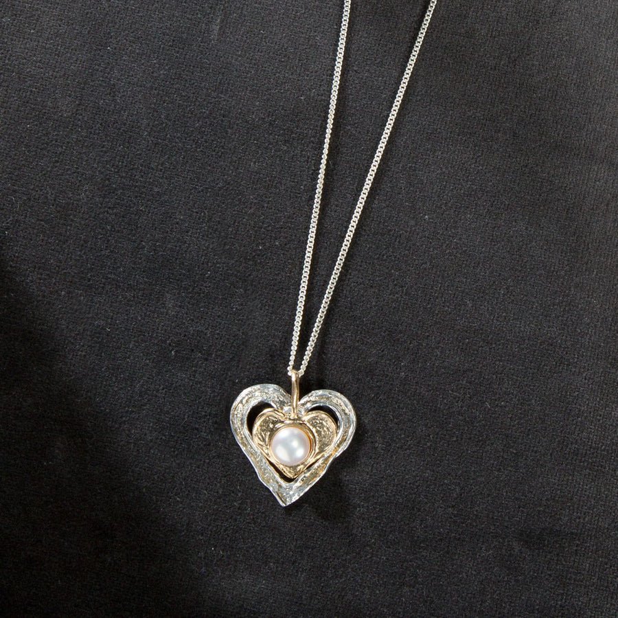 Avi's Silver & Gold Heart Necklace With Freshwater Pearl