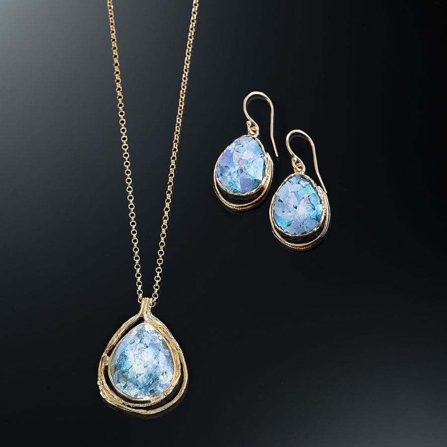 Luli's Gold Roman Glass Necklace & Earrings Set