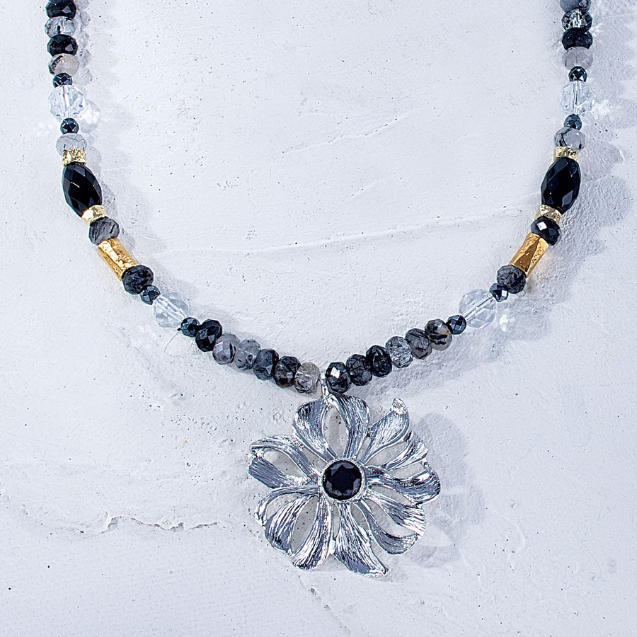 Avi's Floral Necklace With Onyx & Hematite