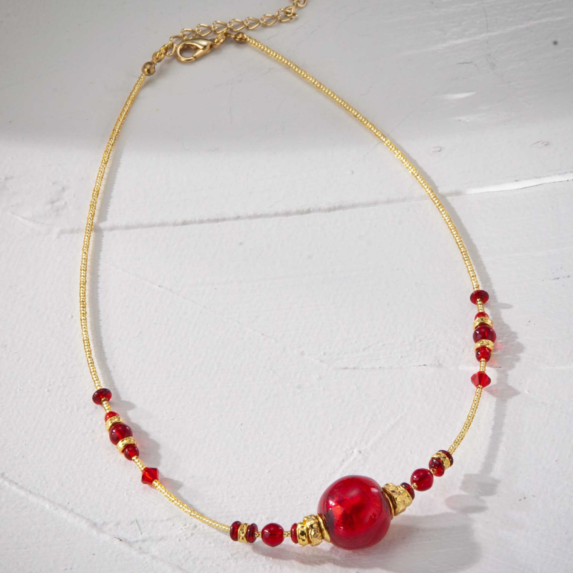 Murano Glass Gold and Red Ball Necklace (Preorder)