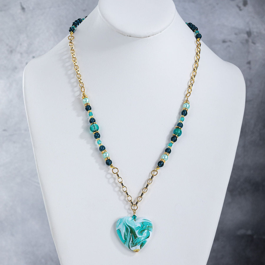 Swirling Turquoise Murano Glass Heart Necklace