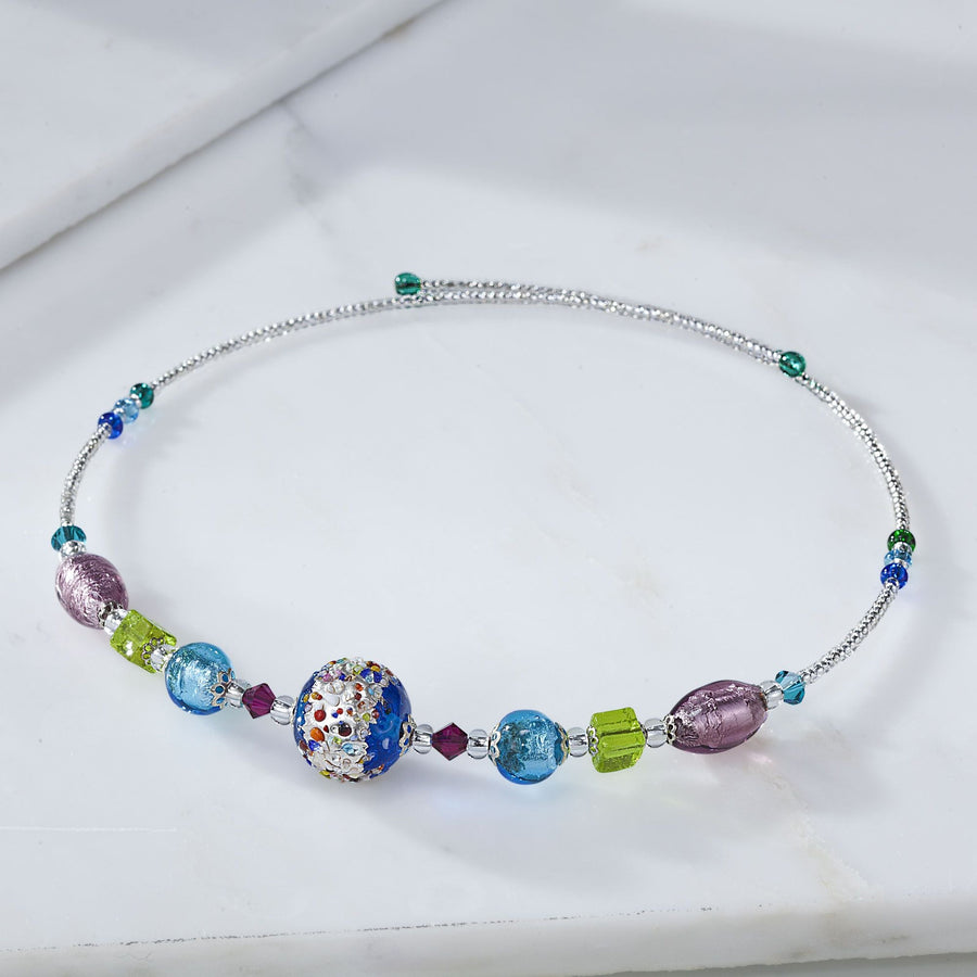 Murano Glass Rainbow Confetti Memory Wire Necklace