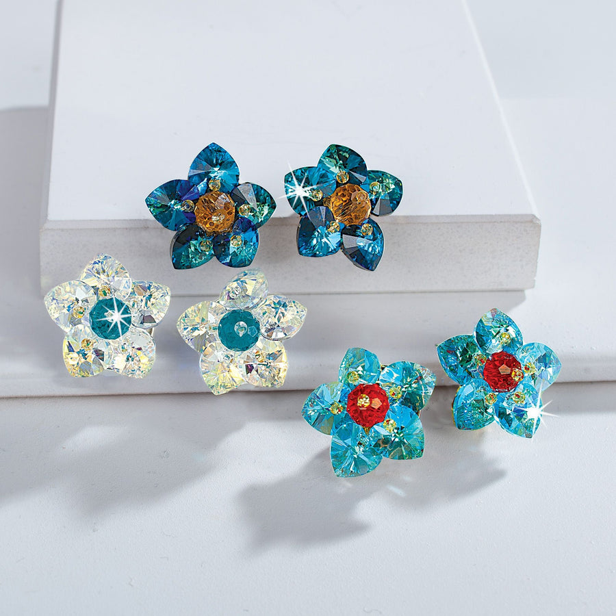 Murano Glass Blue Clip-On Flower Earrings