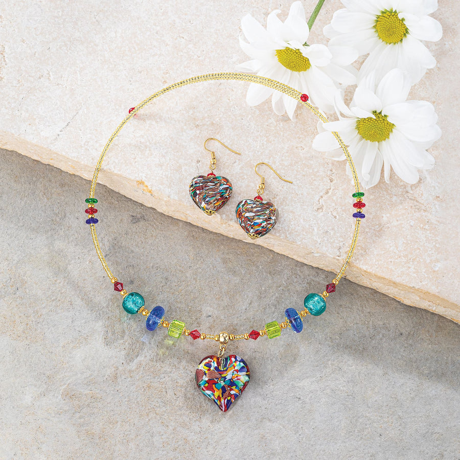 Colors Of The Heart Murano Glass Necklace & Earrings Set
