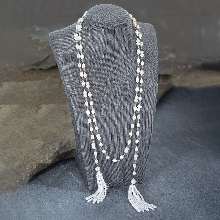 Sparkling Pearl & Crystal Tassel Necklace