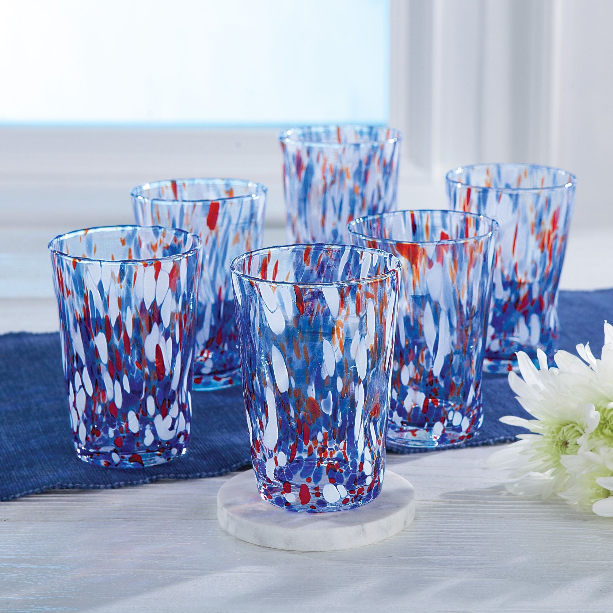 Murano-Style Patriotic Confetti top Indented Drinking Glasses Set Of 6