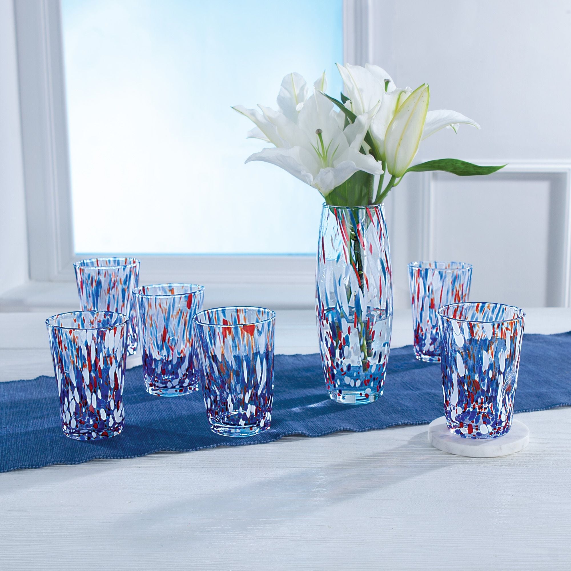 Murano-Style Patriotic Confetti top Indented Drinking Glasses Set Of 6