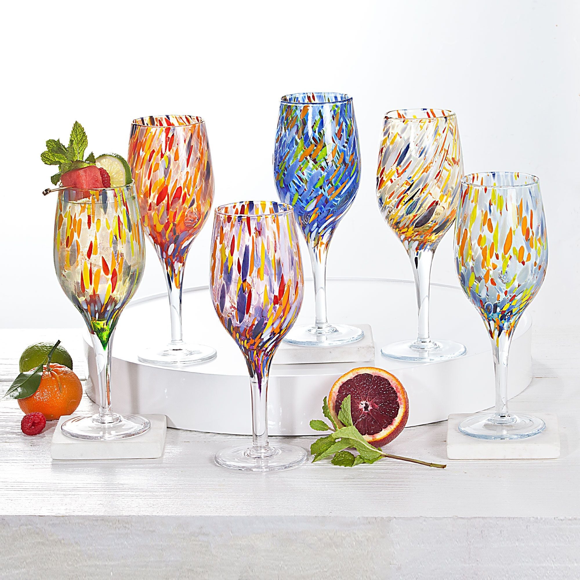 Murano-Style Patriotic Confetti top Indented Drinking Glasses Set Of 6