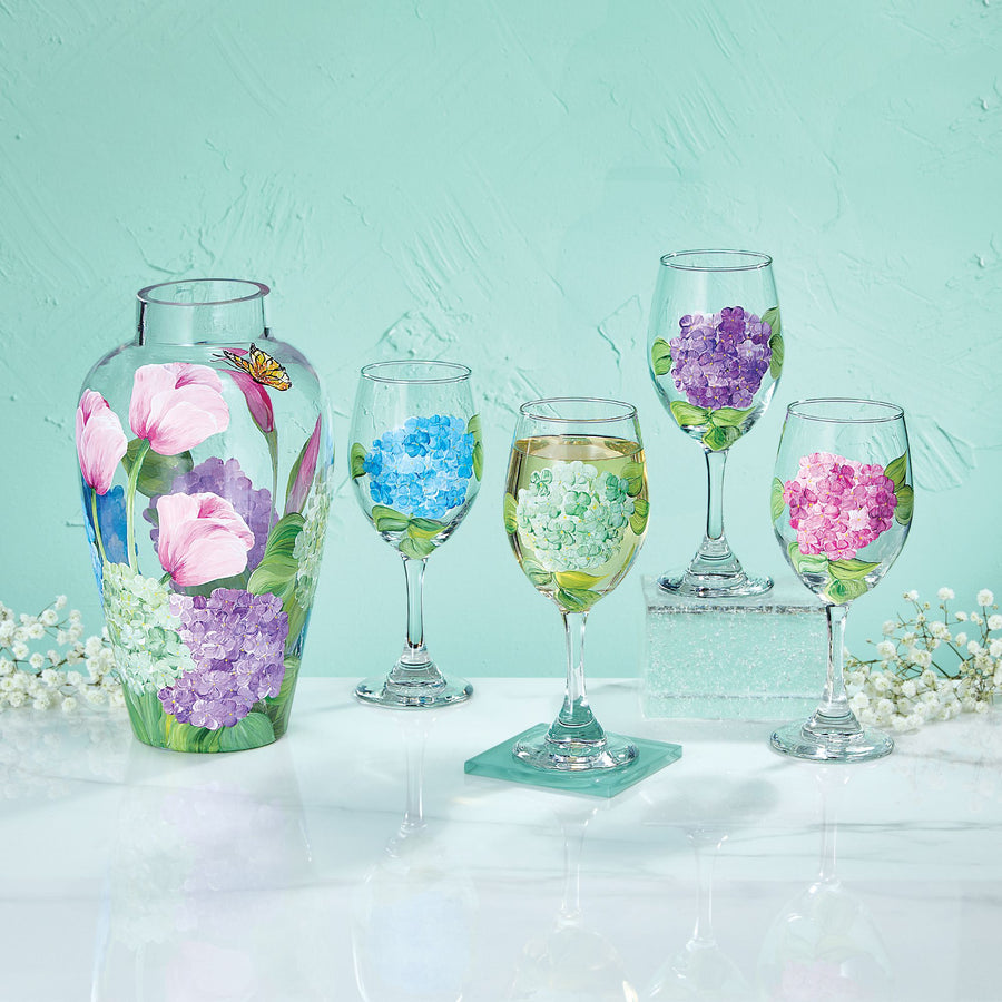 Hand-Painted Hydrangea Wine Glasses Set Of 4