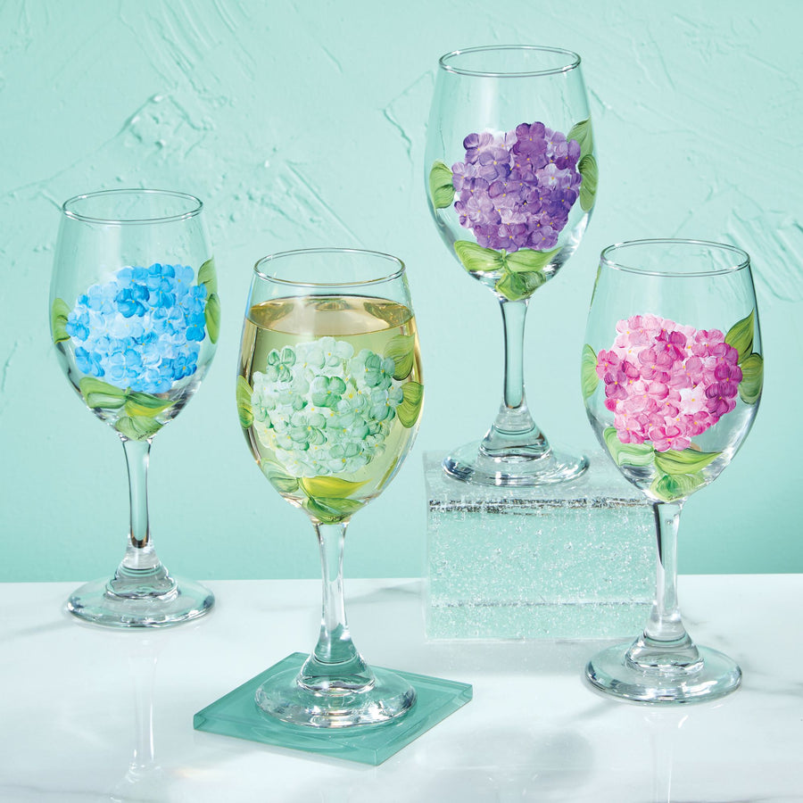 Hand-Painted Hydrangea Wine Glasses Set Of 4