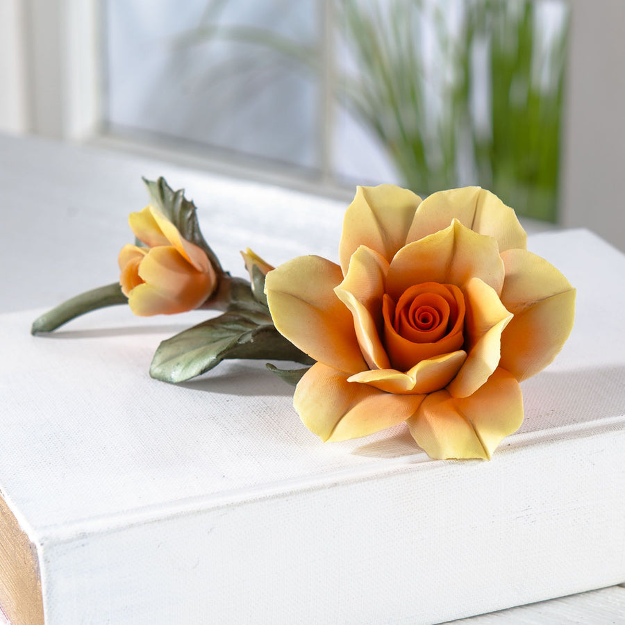 Capodimonte Porcelain Yellow And Coral Rose With Bud