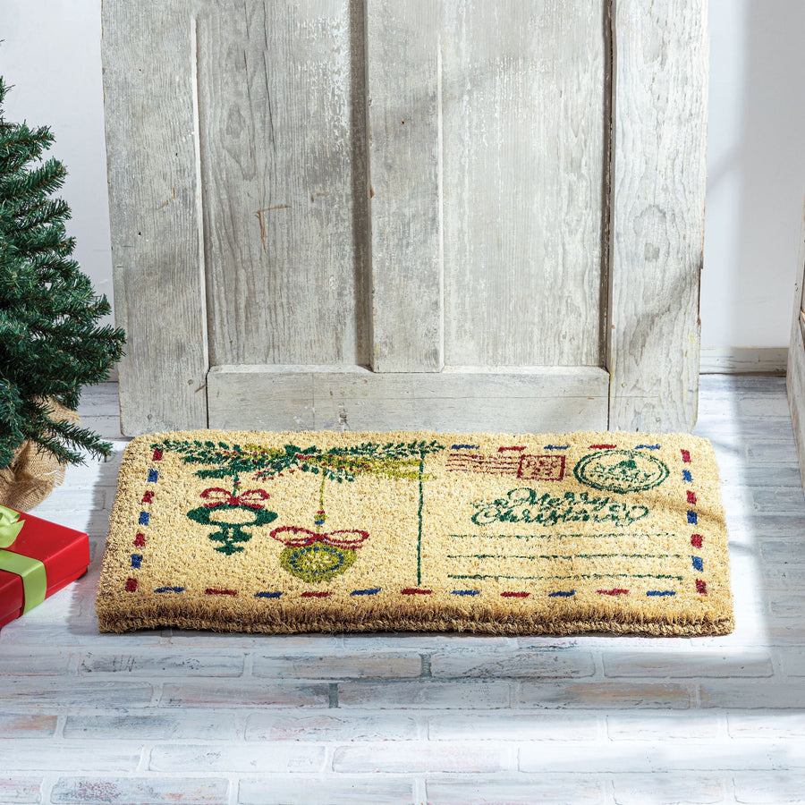Hand-Stenciled Merry Mailbox Natural Coir Doormat