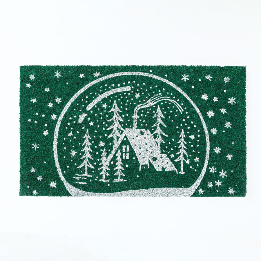 Hand-Stenciled Christmas Snow Globe Natural Coir Doormat