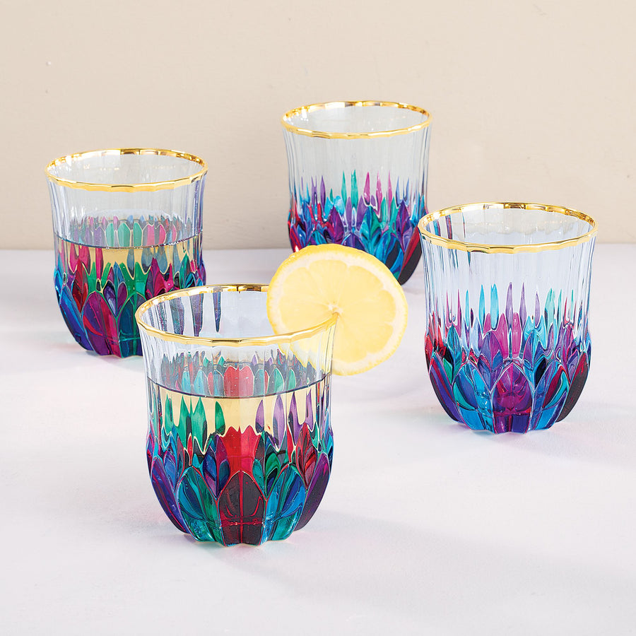 Jewel-Toned Crystal Drinking Glasses With Gold Rim Set Of 4