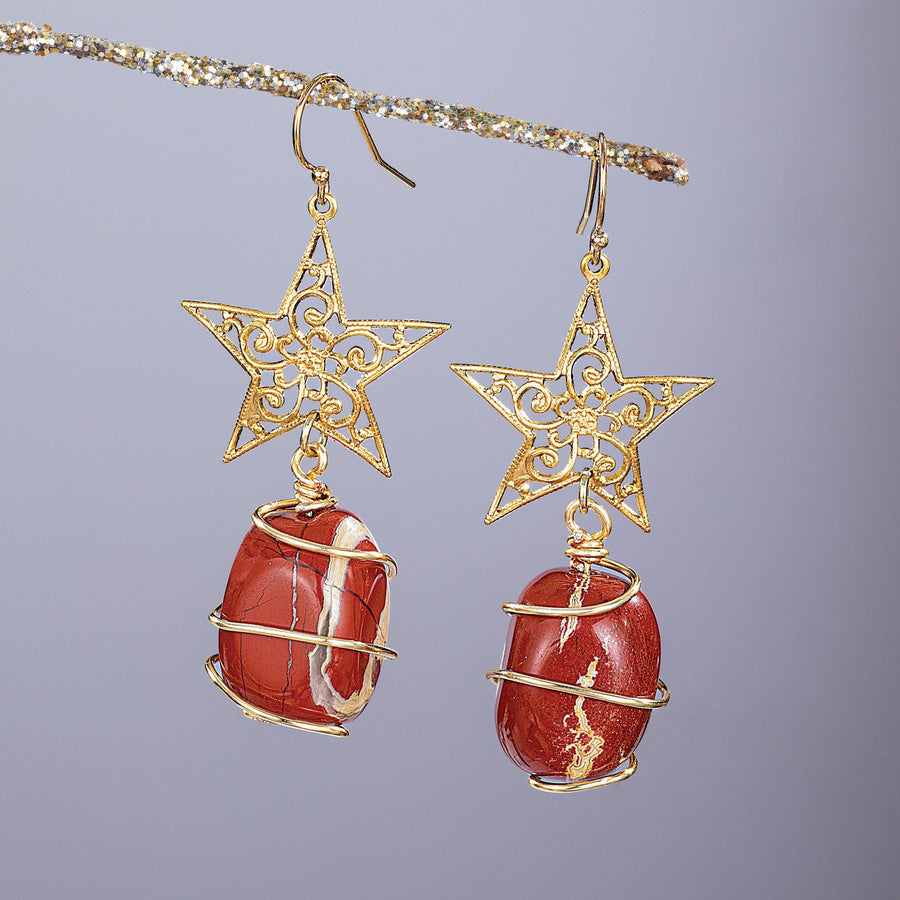 Red Agate Vintage Star Charm Earrings