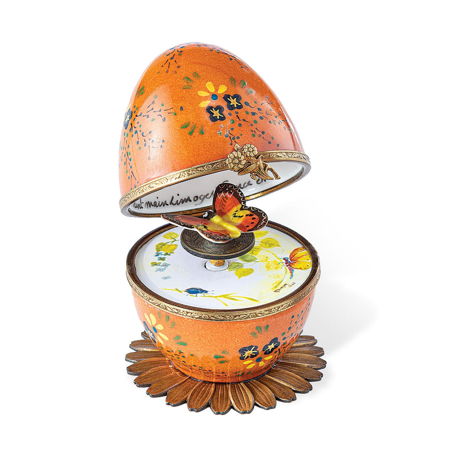Limoges Porcelain Orange Musical Egg With Butterfly