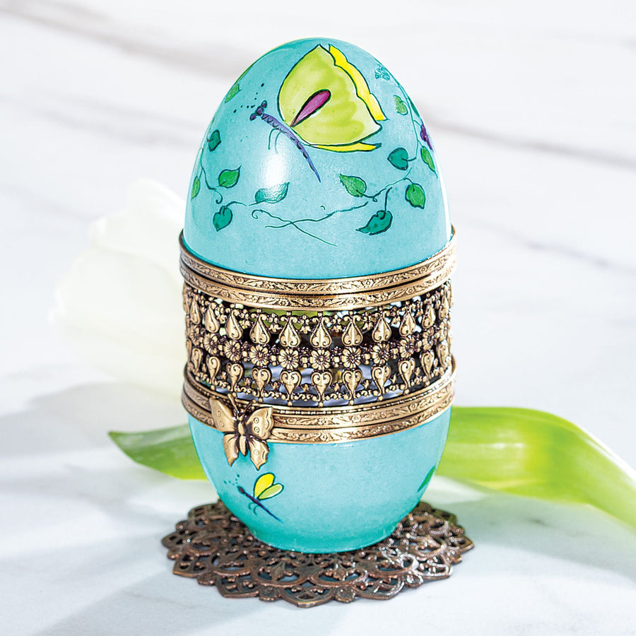 Limoges Porcelain Turquoise Musical Egg With Butterfly
