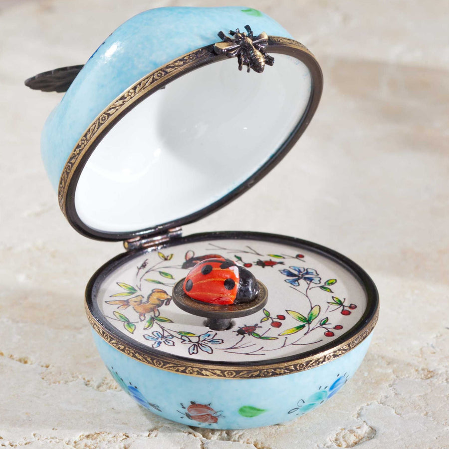 Limoges Porcelain Blue Musical Apple Box With Ladybug