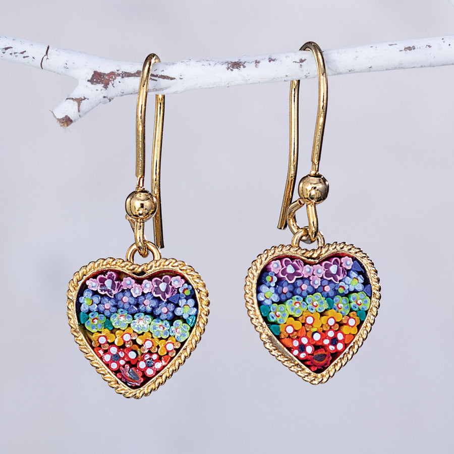 ''Rainbow Mosaic'' Murano Glass Millefiori Heart Earrings