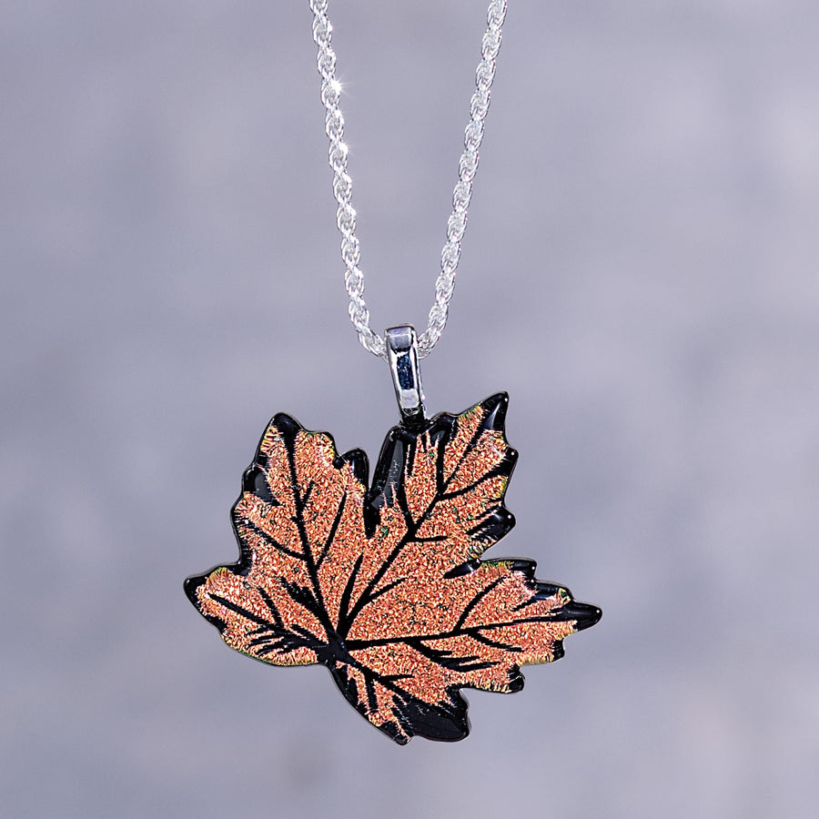 ''Nature's Glow'' Dichroic Glass Maple Leaf Pendant Necklace