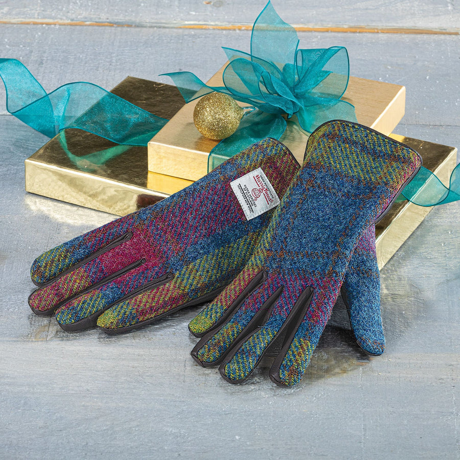 Rainbow Plaid Harris Tweed & Leather Gloves