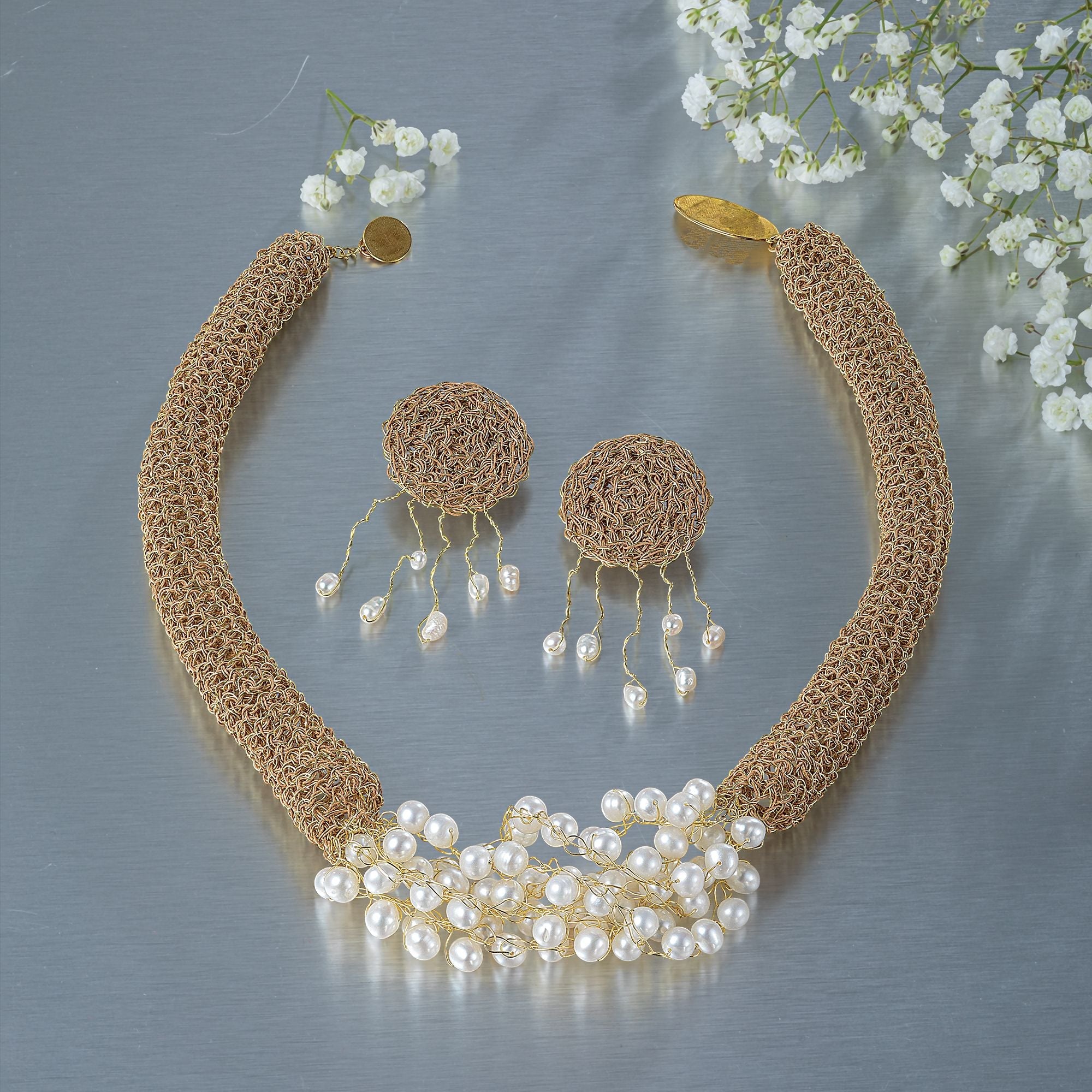 Golden Crocheted Pearl Earrings