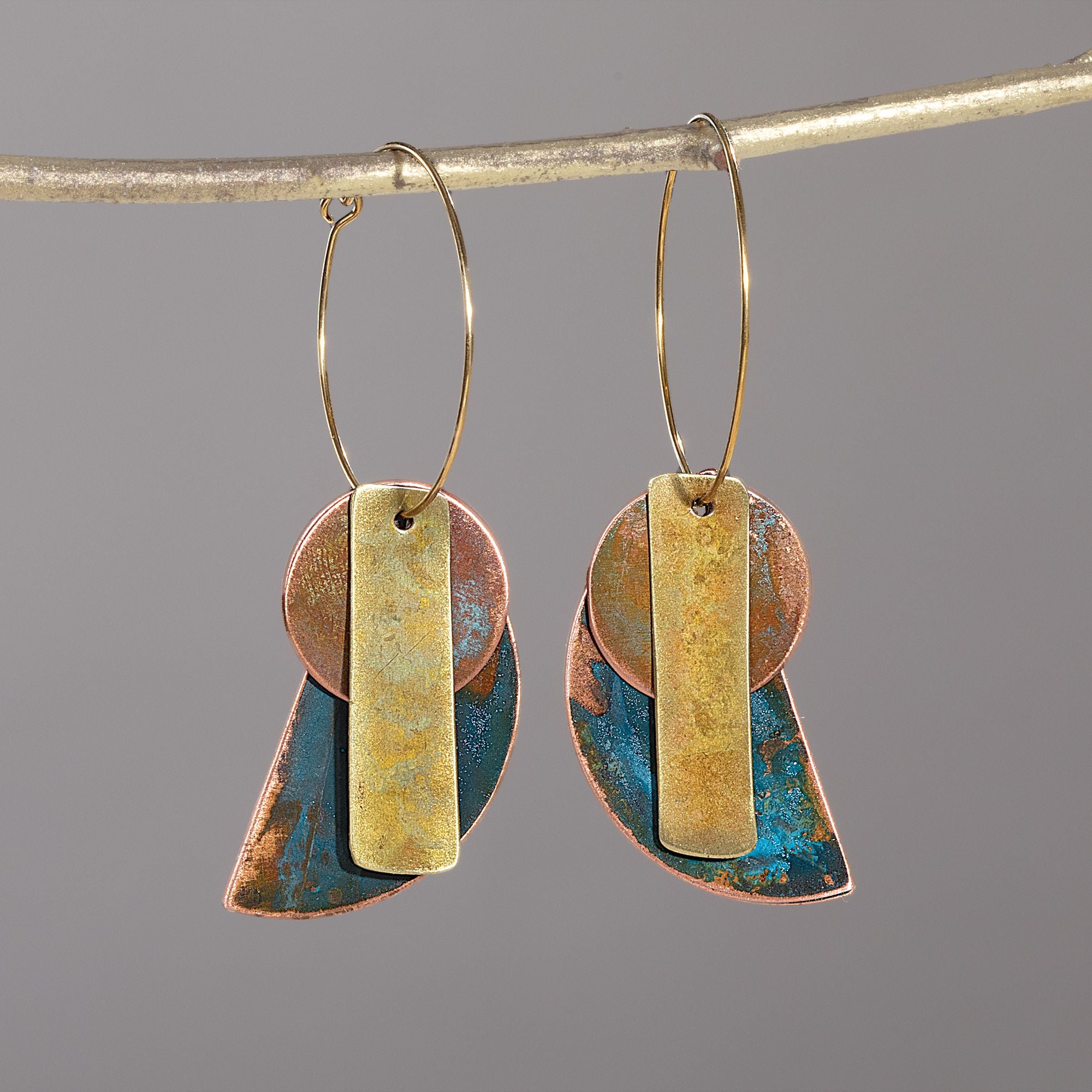 Metal Abstracts Round Hoop Patina Earrings