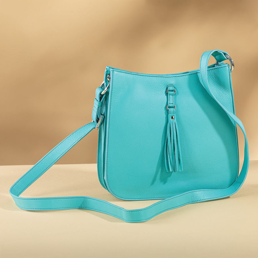 Turquoise Leather Tasseled Crossbody Bag