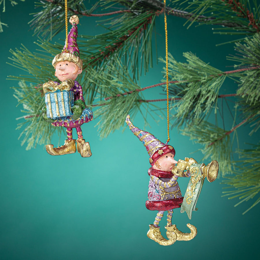Hand-Painted Christmas Elves Ornaments Set Of 2