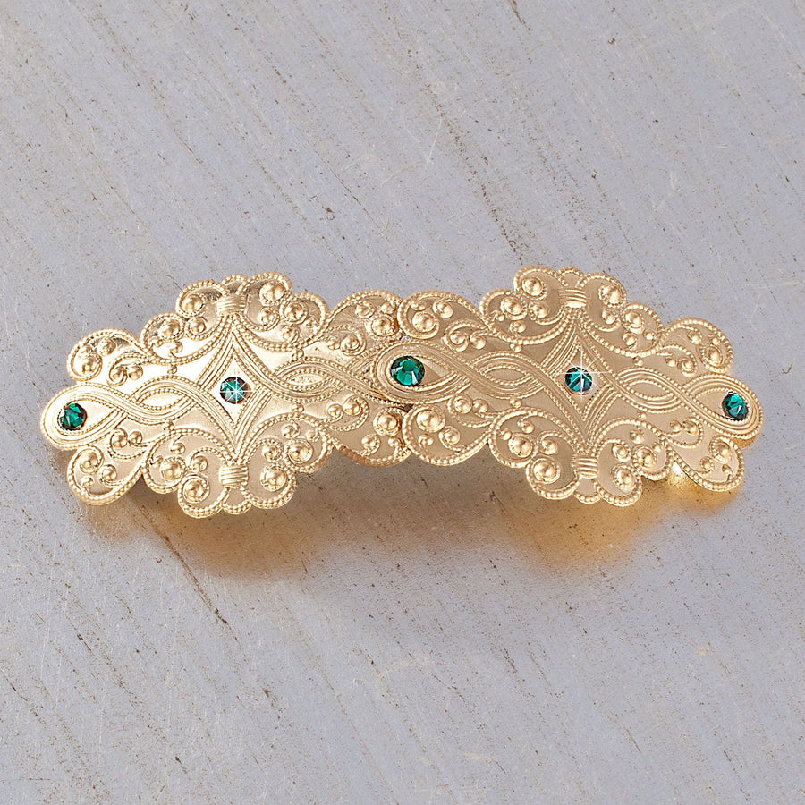 Julie's Vintage Style Brass Barrette With Emerald Swarovski Crystals