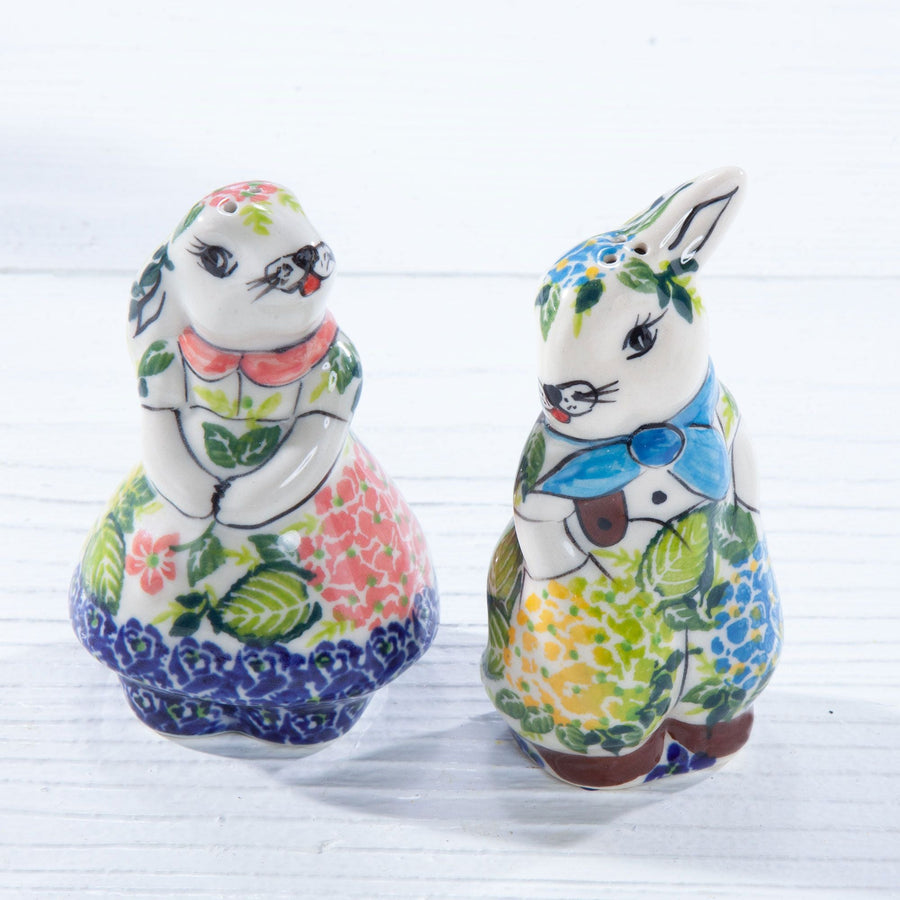 Polish Pottery Wild Hydrangea Floral Bunny Salt & Pepper Shakers