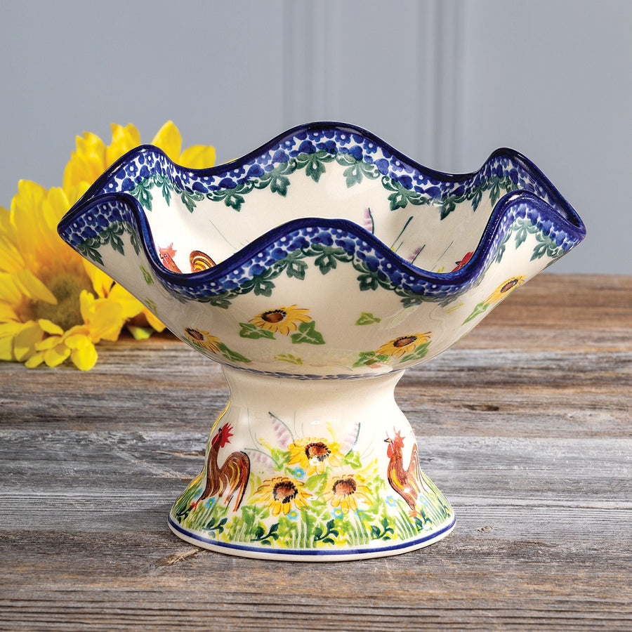 Polish Pottery Country Rooster Pedestal Bowl