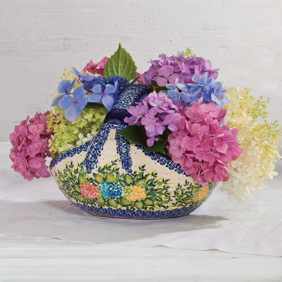 Polish Pottery ''Wild Hydrangea'' Floral Basket With Handles