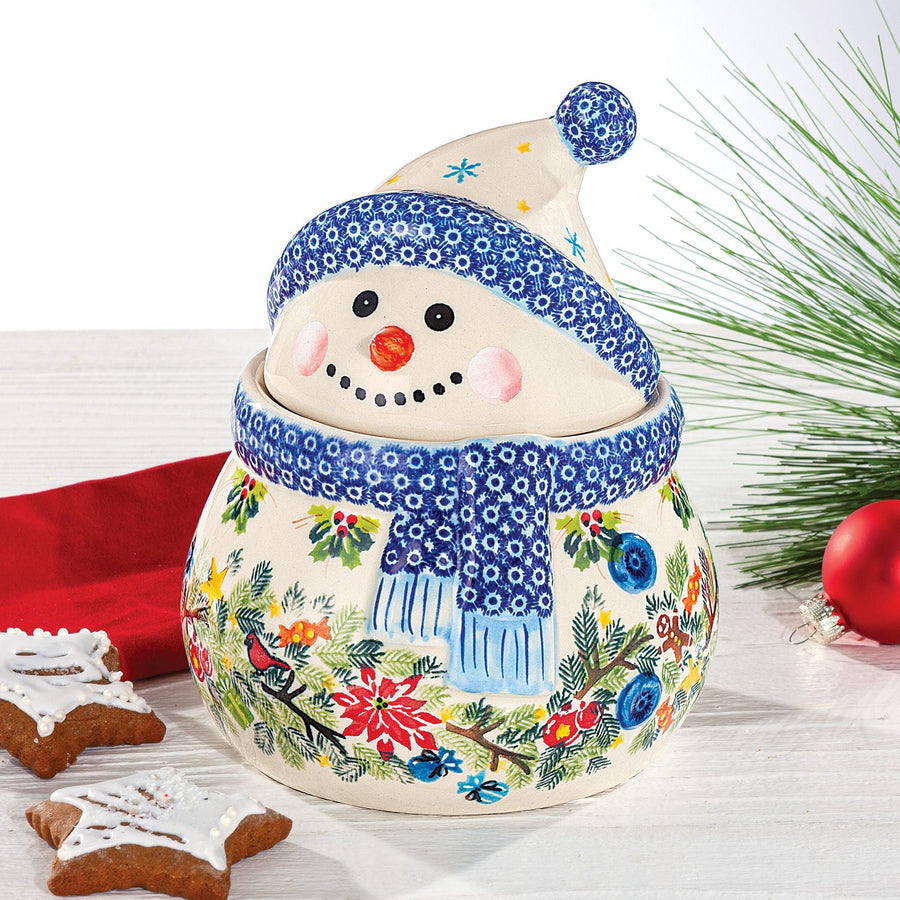 Polish Pottery Woodland Winter Snowman Cookie Jar