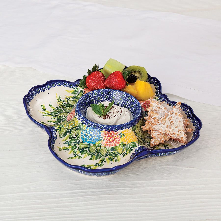 Polish Pottery ''Wild Hydrangea'' Floral Chip & Dip Platter