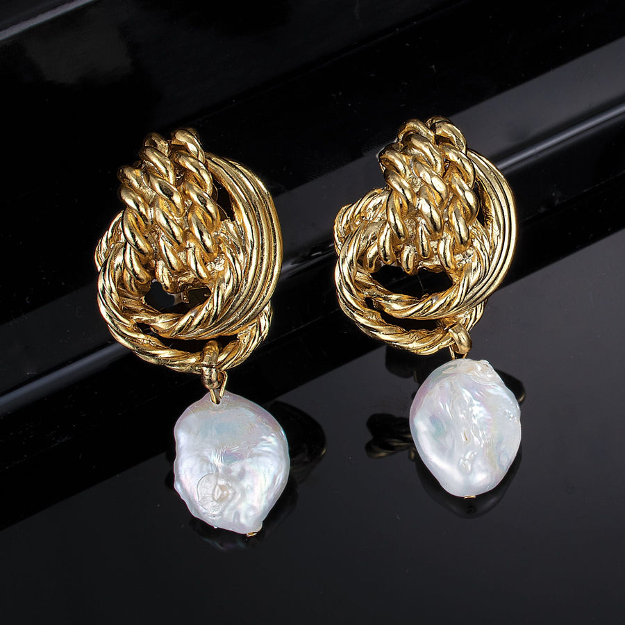 Knotted Gold Clip-On Earrings With Pearls