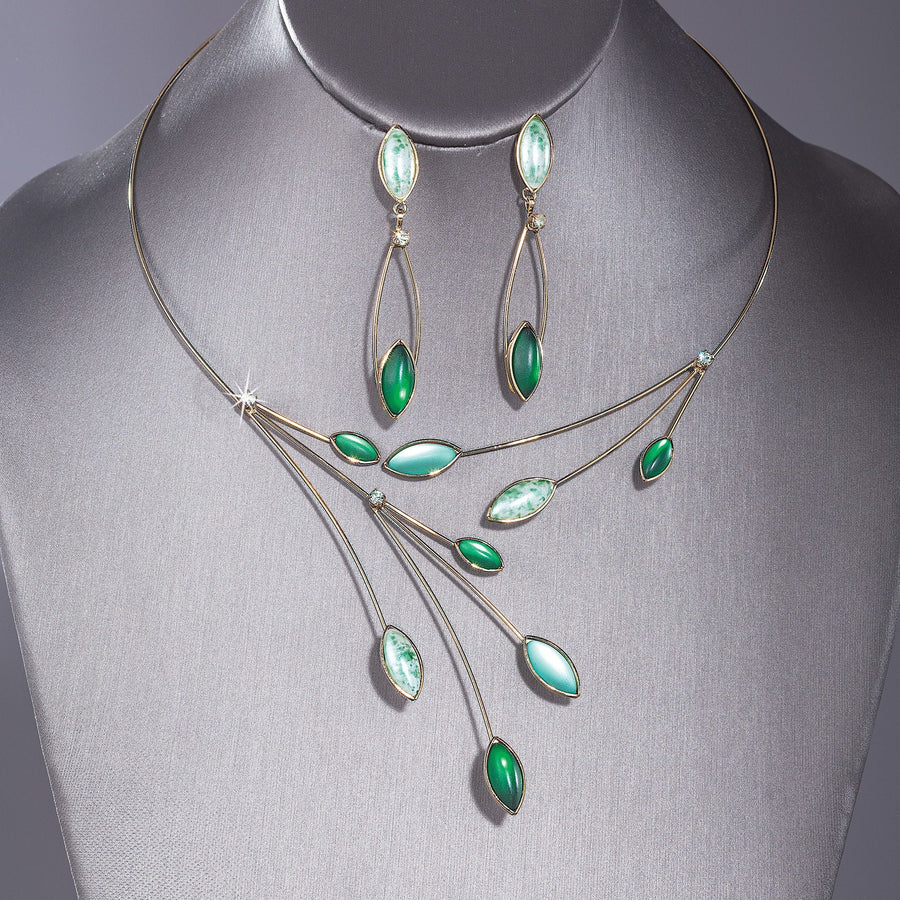 Czech Glass Leaves Green Necklace & Earrings Set